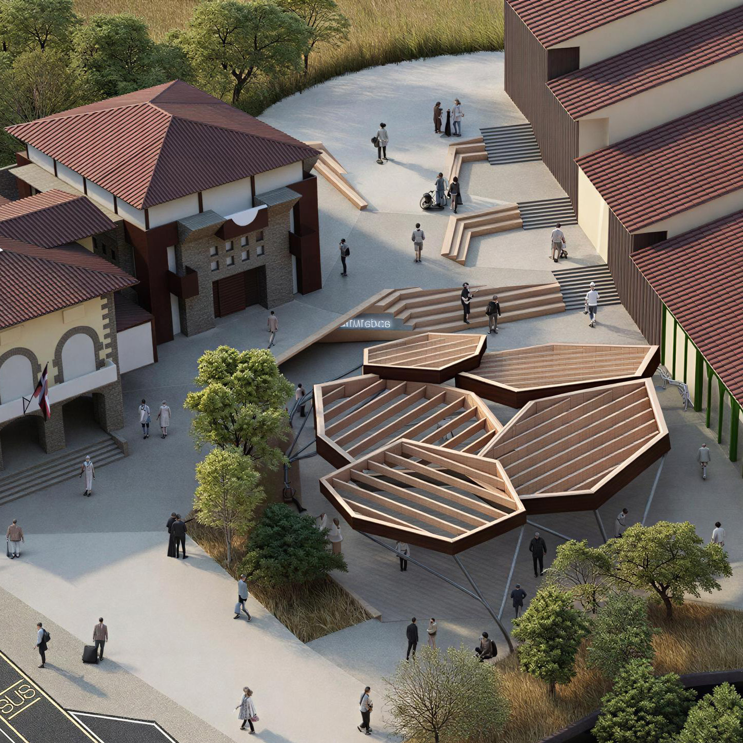 Esta propuesta de concurso de Recon Arquitectura para una plaza pública parte de la idea de trabajar los elementos propios de la naturaleza vasca