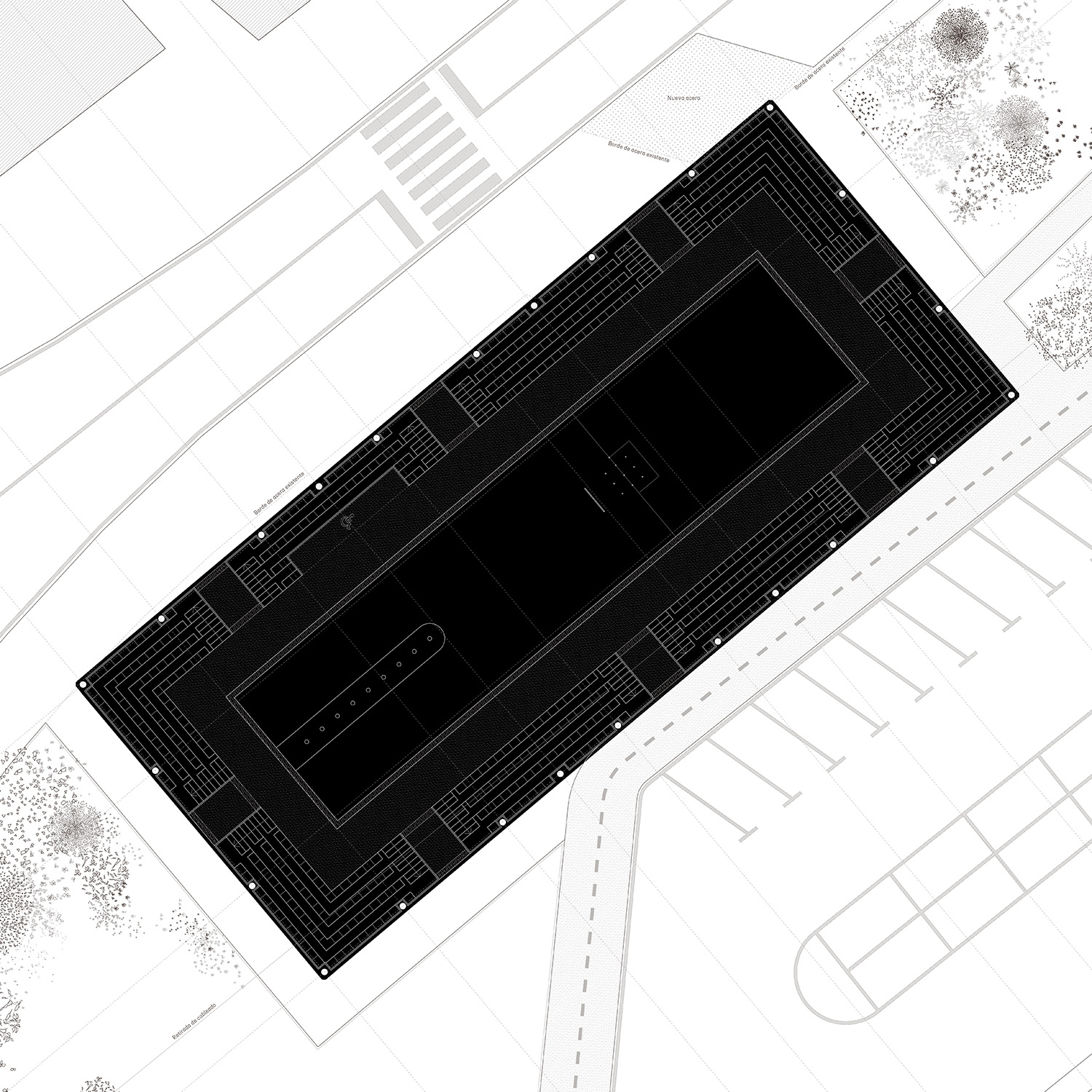 En este concurso de Recon Arquitectura, propusimos un edificio masivo pero apoyado livianamente sobre el suelo para la construcción de una bolera