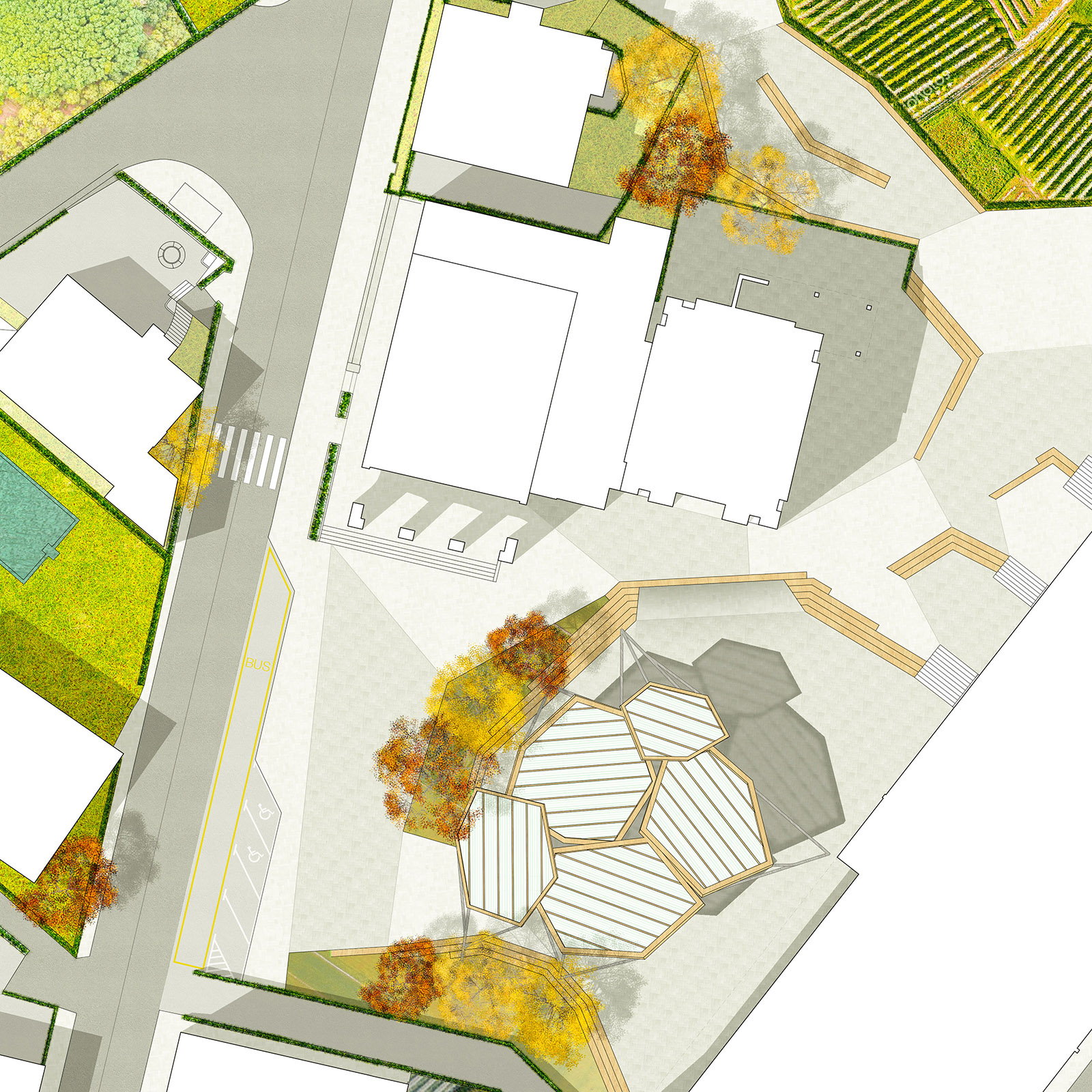 Esta propuesta de concurso de Recon Arquitectura para una plaza pública parte de la idea de trabajar los elementos propios de la naturaleza vasca