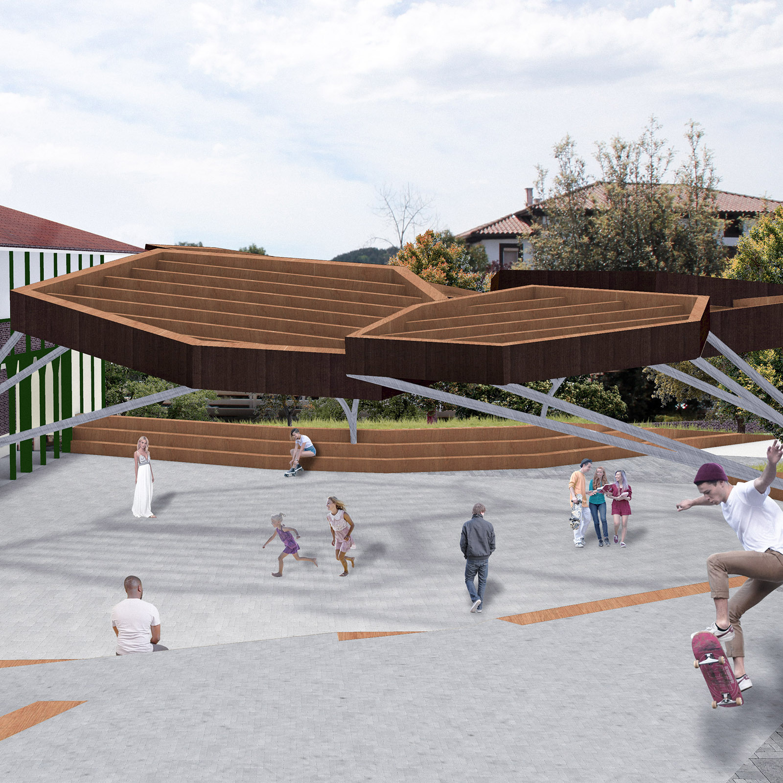 Esta propuesta de concurso de Recon Arquitectura para una plaza pública parte de la idea de trabajar los elementos propios de la naturaleza vasca