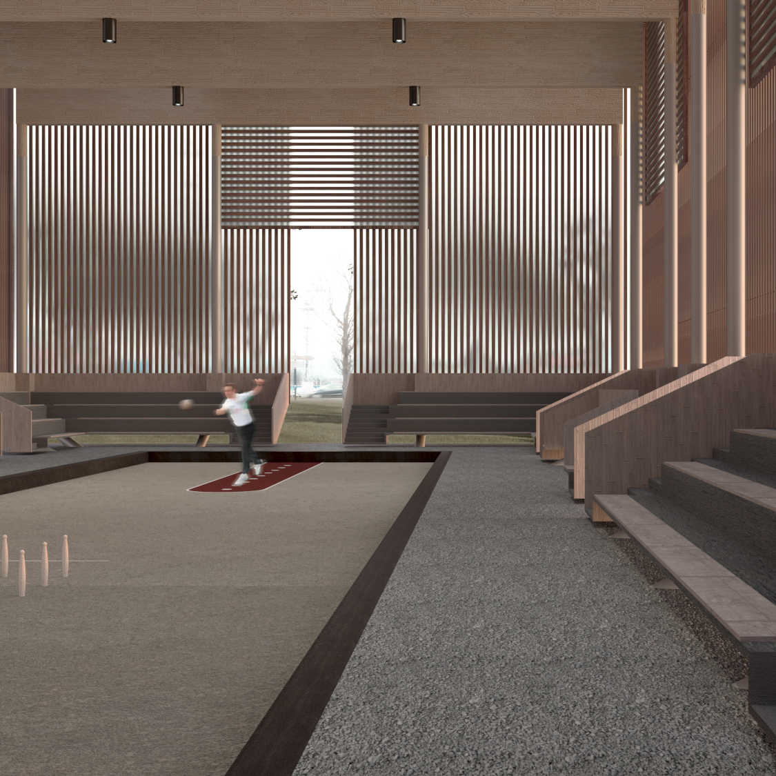 En este concurso de Recon Arquitectura, propusimos un edificio masivo pero apoyado livianamente sobre el suelo para la construcción de una bolera
