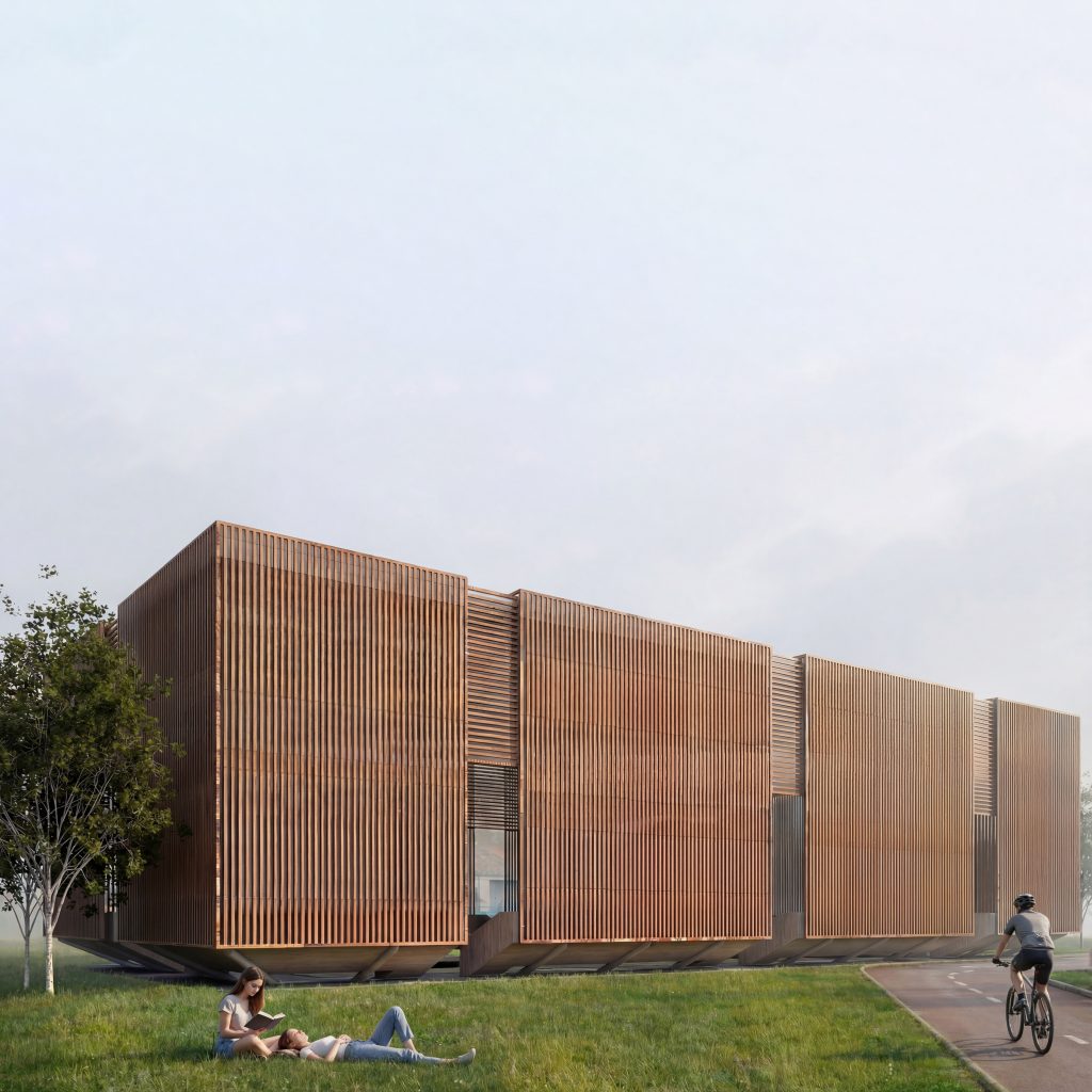 En este concurso de Recon Arquitectura, propusimos un edificio masivo pero apoyado livianamente sobre el suelo para la construcción de una bolera