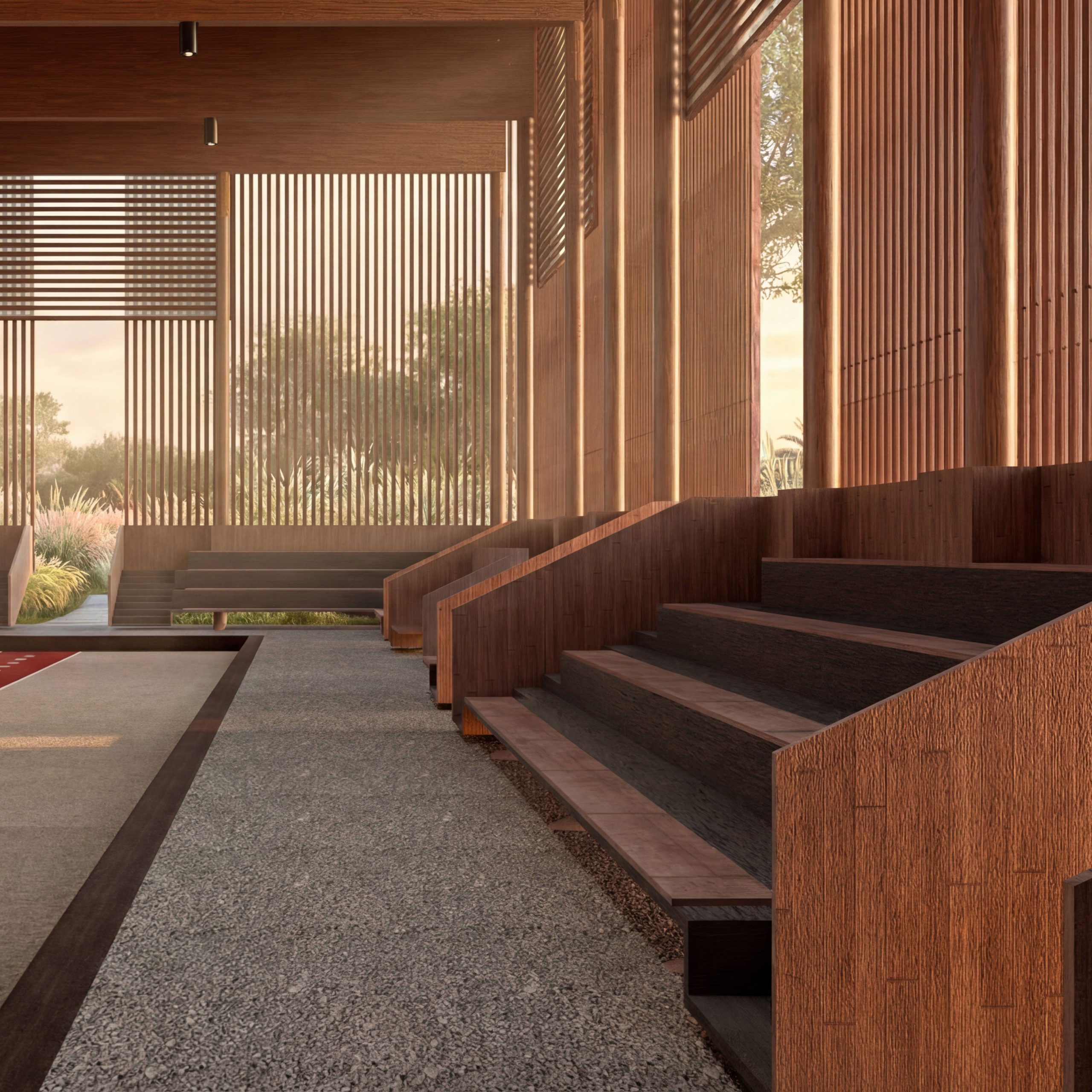 En este concurso de Recon Arquitectura, propusimos un edificio masivo pero apoyado livianamente sobre el suelo para la construcción de una bolera