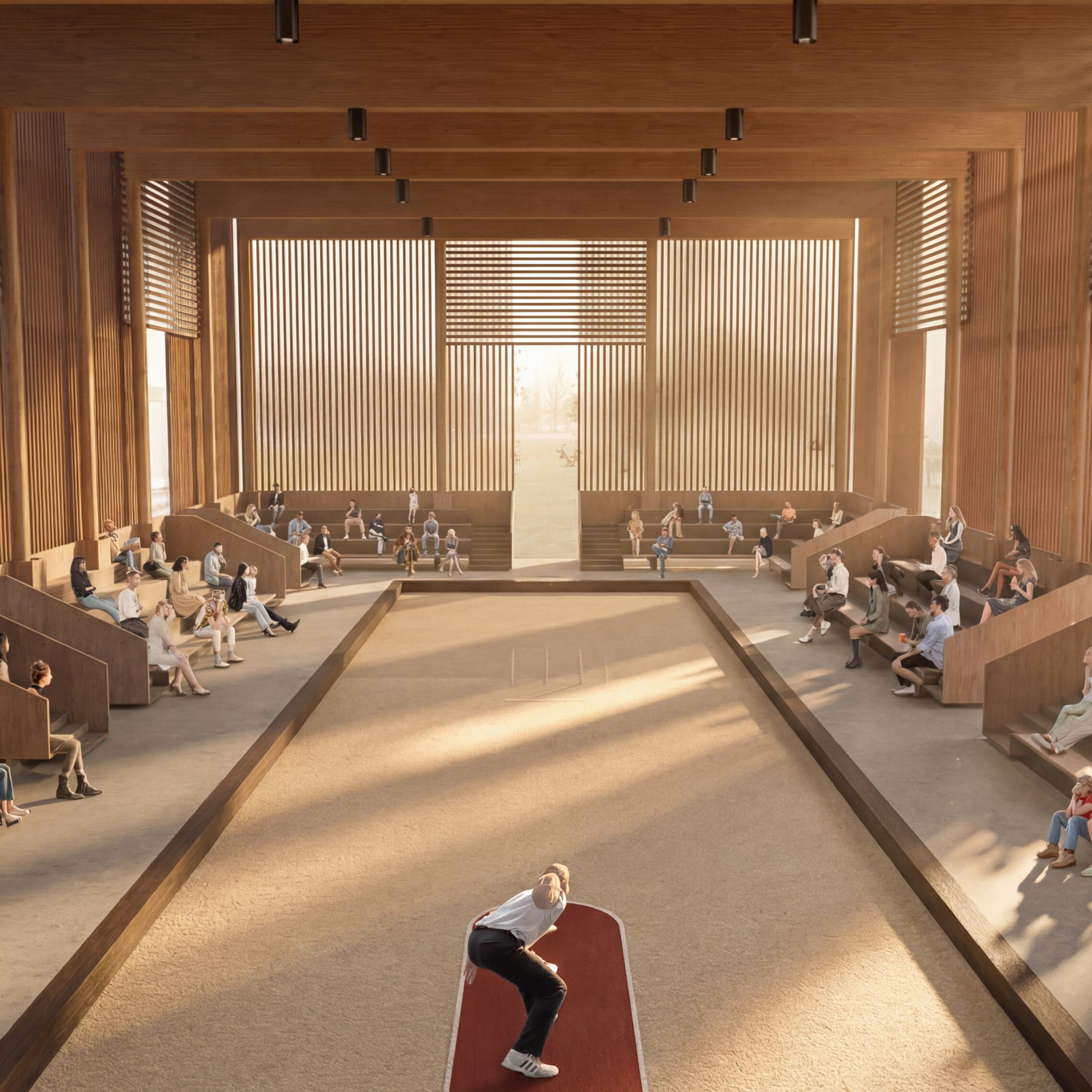 En este concurso de Recon Arquitectura, propusimos un edificio masivo pero apoyado livianamente sobre el suelo para la construcción de una bolera