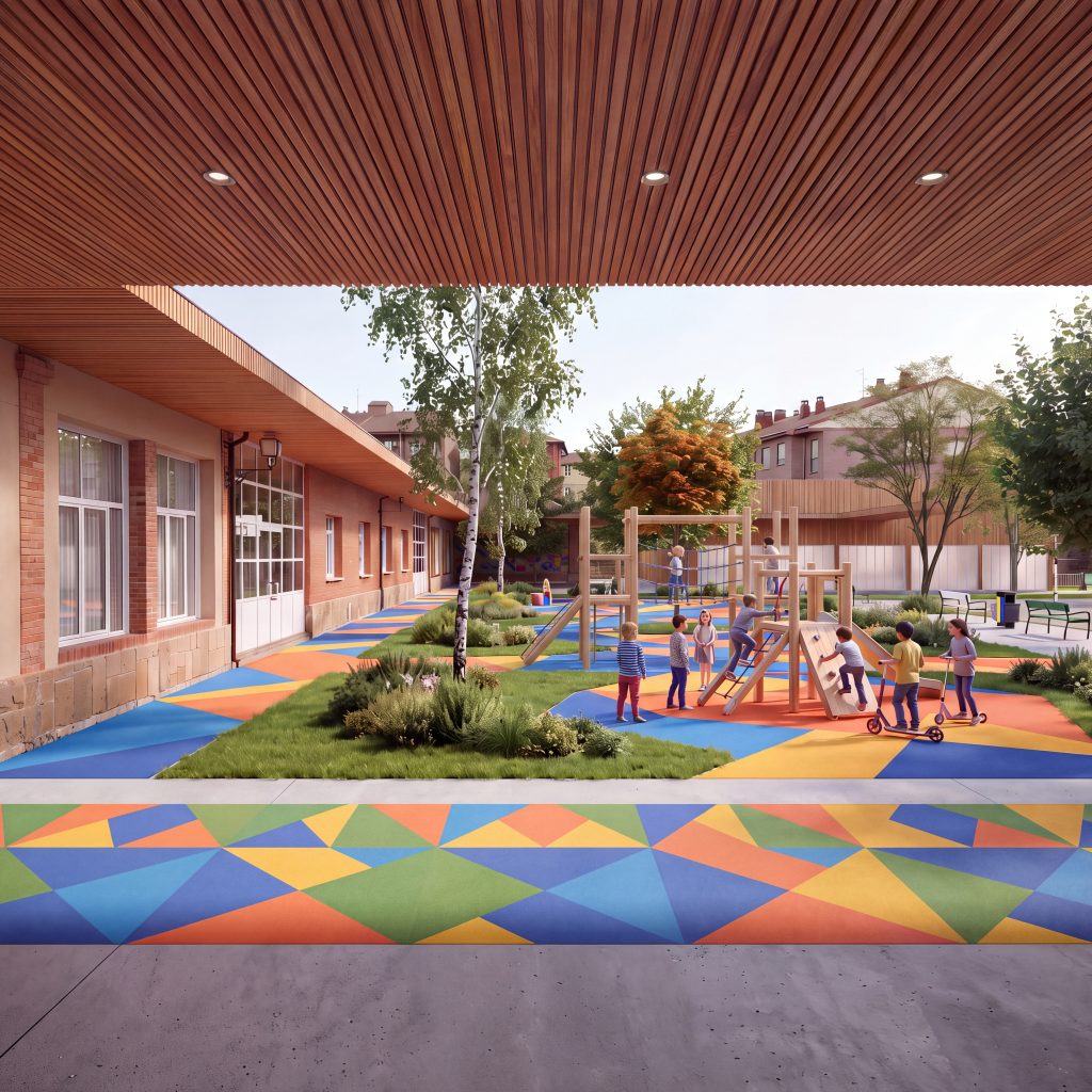 En este concurso para lampliación y reforma del CEIP Lantziego HLHI en Araba Recon Arquitectura propuso un nuevo gimnasio y patio cubierto que conecta los edificios del centro escolar