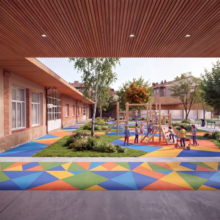 En este concurso para lampliación y reforma del CEIP Lantziego HLHI en Araba Recon Arquitectura propuso un nuevo gimnasio y patio cubierto que conecta los edificios del centro escolar