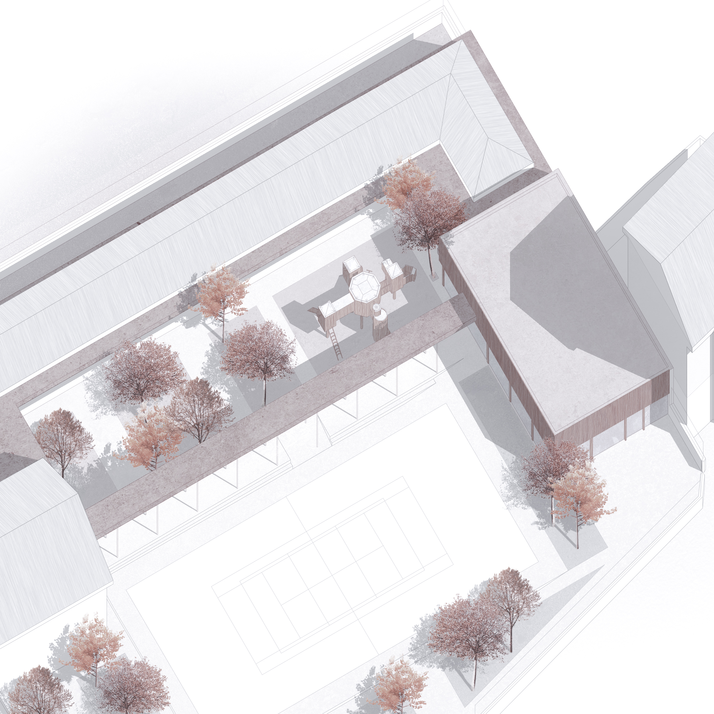 En este concurso para lampliación y reforma del CEIP Lantziego HLHI en Araba Recon Arquitectura propuso un nuevo gimnasio y patio cubierto que conecta los edificios del centro escolar