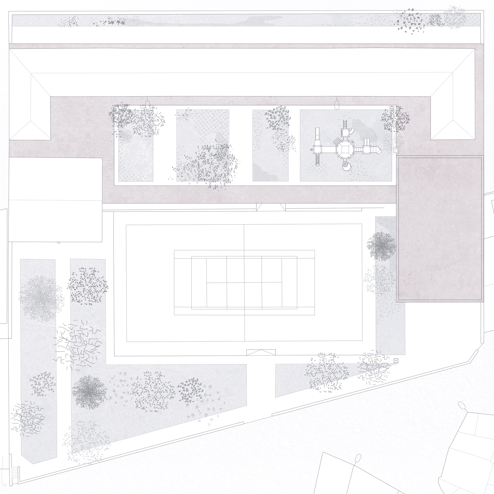 En este concurso para lampliación y reforma del CEIP Lantziego HLHI en Araba Recon Arquitectura propuso un nuevo gimnasio y patio cubierto que conecta los edificios del centro escolar