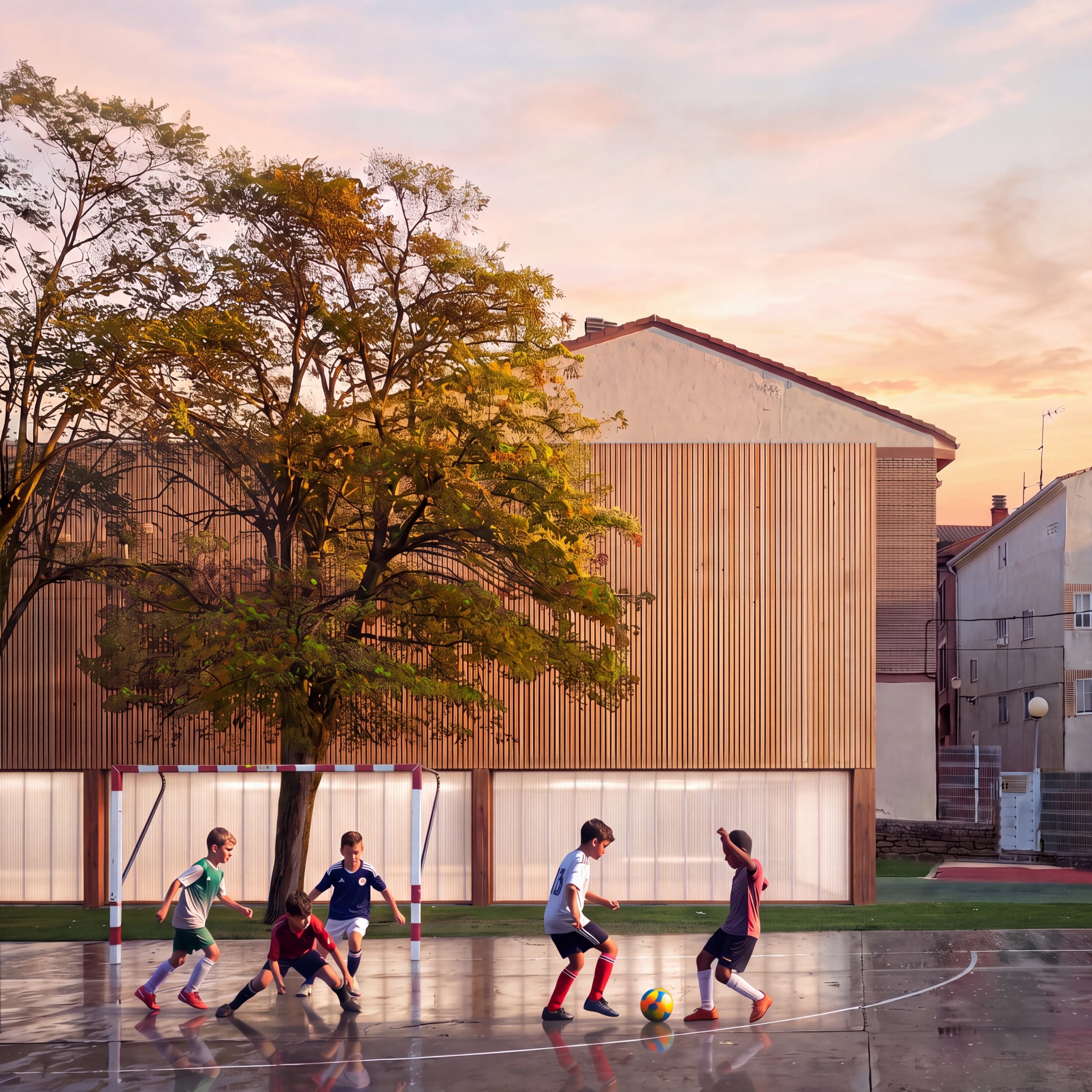 En este concurso para lampliación y reforma del CEIP Lantziego HLHI en Araba Recon Arquitectura propuso un nuevo gimnasio y patio cubierto que conecta los edificios del centro escolar